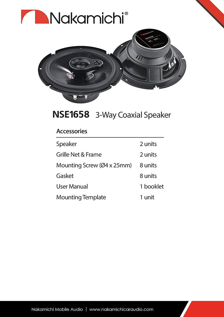 Nakamichi NSE1658 6.5-inches Car Stereo 3 Way Coaxial Speaker 360 Watts Peak Power 50-21kHz Frequency Response